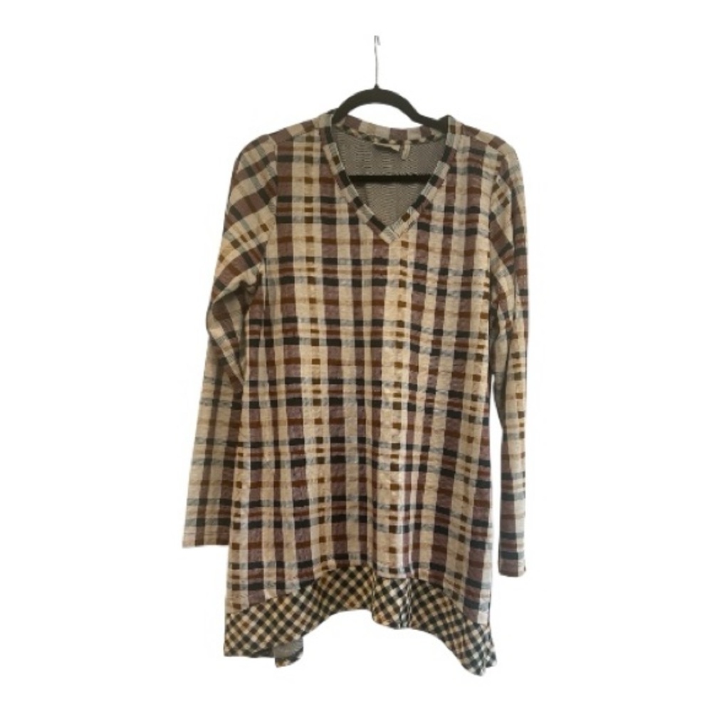 LOGO by Lori Goldstein Mixed Plaid V-neck Knit Tunic Top Evergreen Combo L